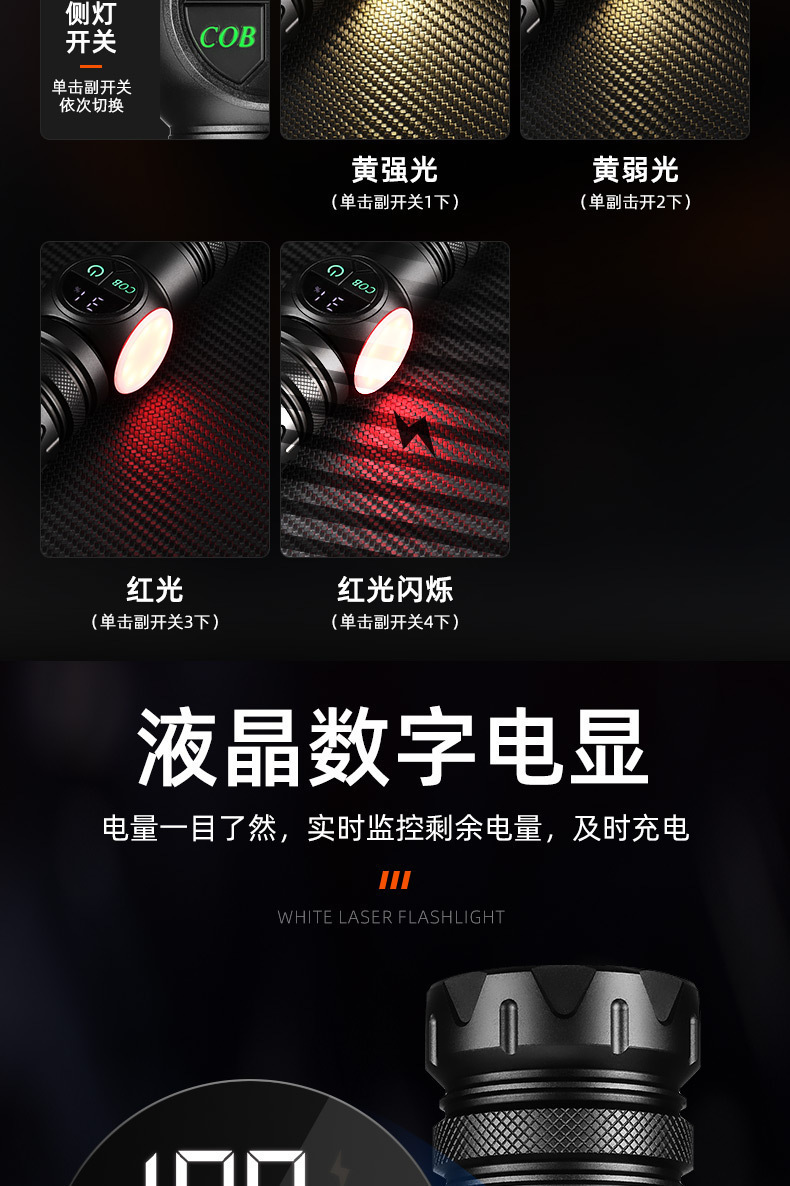 Cross-border digital display power indicator, high-brightness flashlight with zoom, long-range side light, floodlight for home emergency, outdoor hiking, cycling, rechargeable