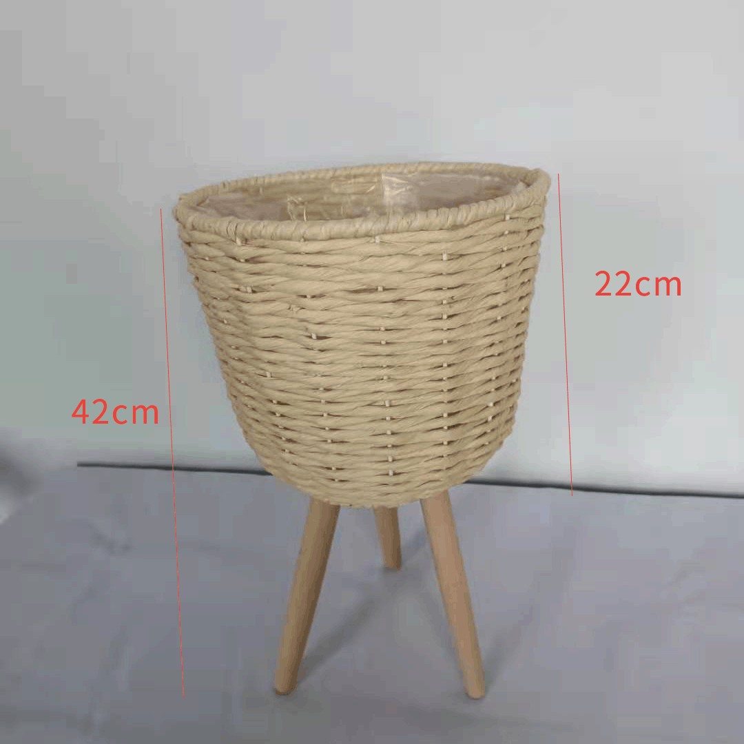 Piso de La Flor soporte de madera pierna piso flor soporte tejida flor olla sala de estar balcón decoración flor cesta paja tejido piso soporte