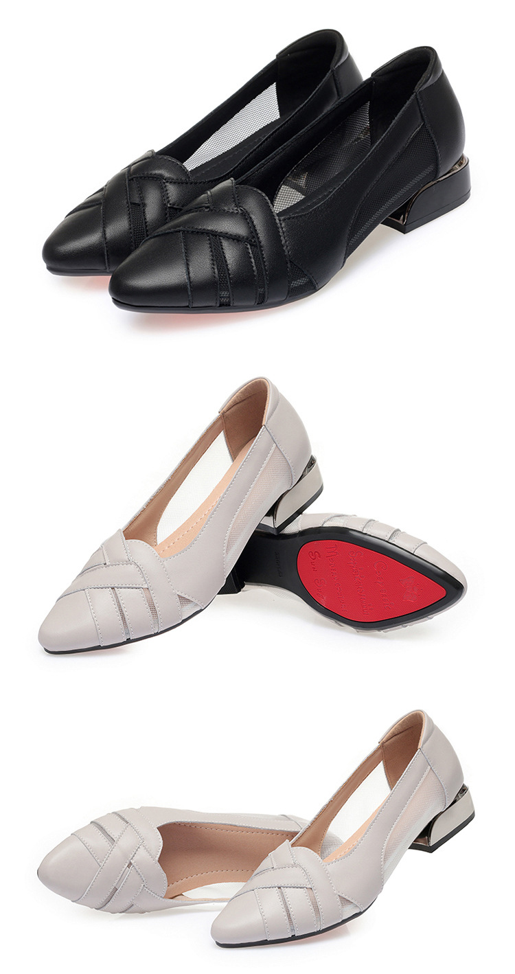 Sandal nữ da bò gót vuông thấp quai chữ V miệng nông mùa hè — Màu be xám (toàn bộ da bò) chi tiết 15