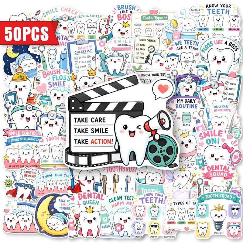 Cross-border direct purchase of 50 dental care text stickers, cute cartoon anthropomorphic tooth decoration stickers for notebooks and water bottles