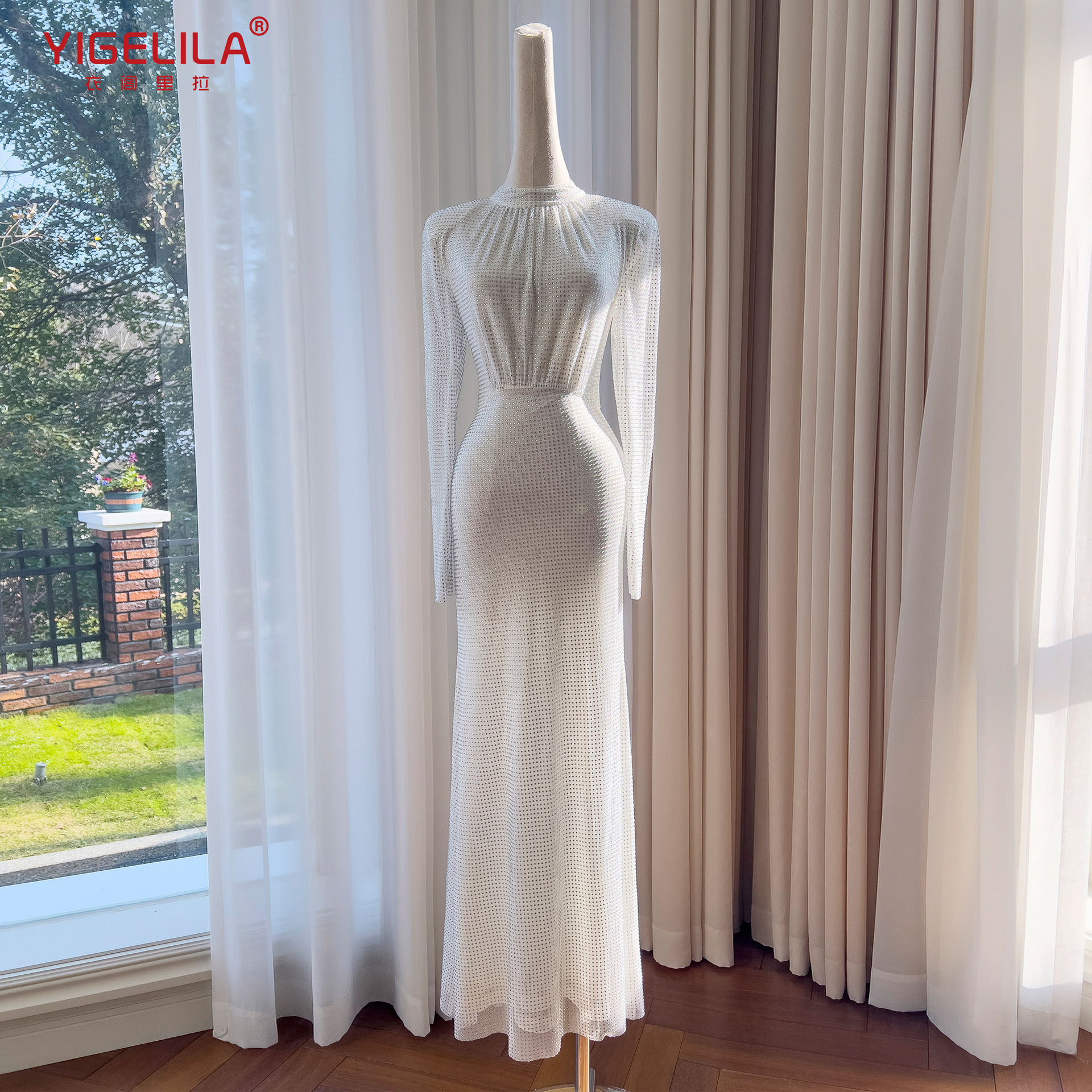 Tweed Style Elegant Elastic Mesh Rhinestone Dress French Celebrity Evening Dress Accessible Luxury Long-Sleeved Slim Skirt 69032