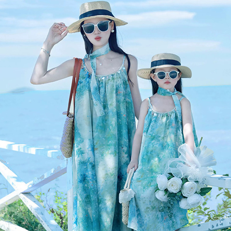 Trendy summer dresses for parents and children, Japanese and Korean style, stylish summer sundresses for girls, beach dresses, vacation outfits.