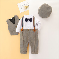 Cross-border baby spring and autumn style dress children's clothing for boys British style onesie vest hat gentleman set first birthday outfit