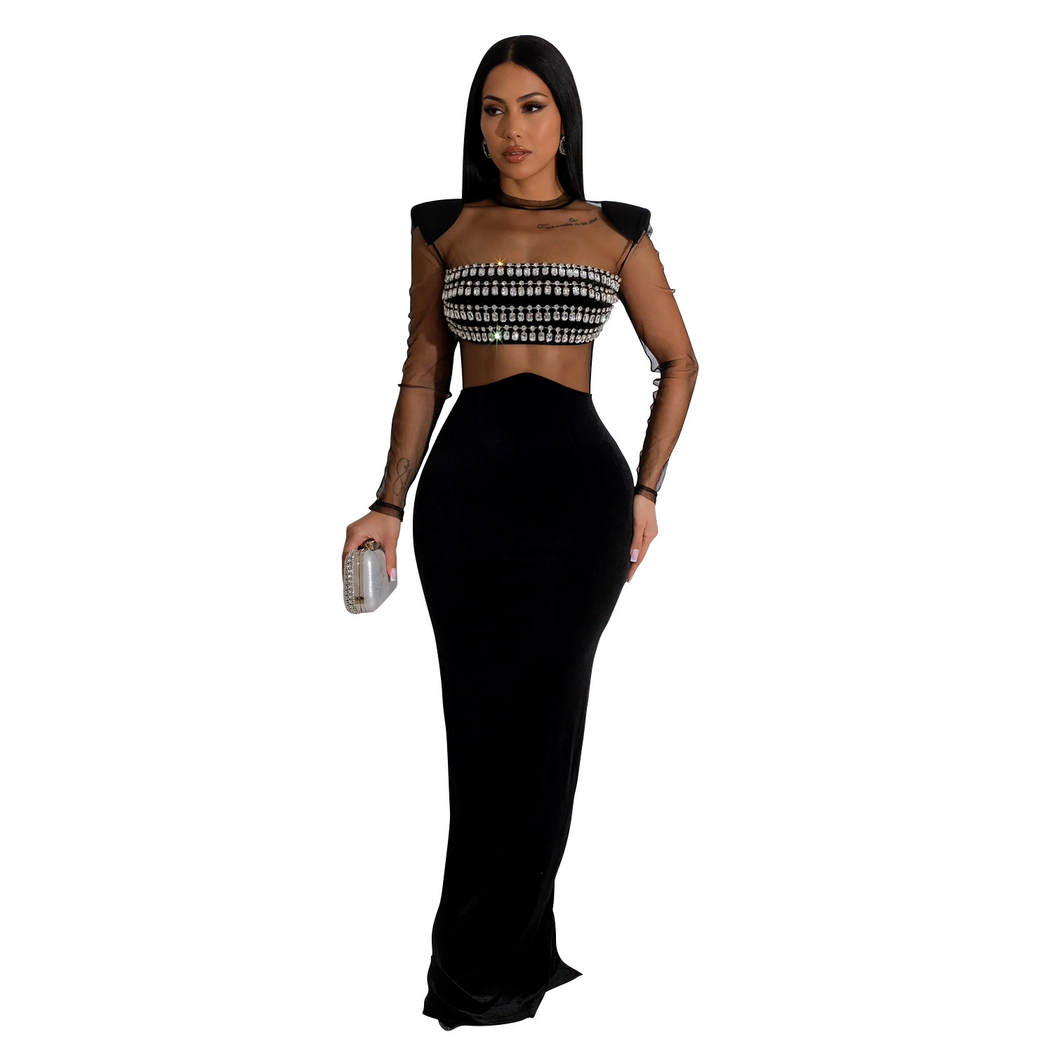 C6823 transfronteriza AliExpress Amazon moda europea y americana de las mujeres de color sólido de malla rhinestone Vestido de manga larga vestido image 8