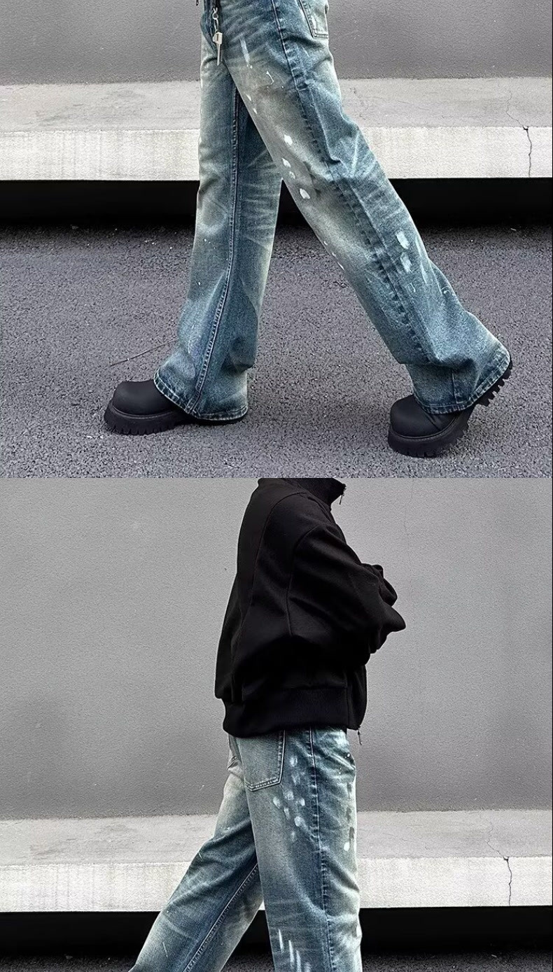 Unisex Trendy Loose Straight Leg Jeans American Retro Cleanfit Splatter Paint Casual Floor Length Wide Leg Pants_mkmklike.com