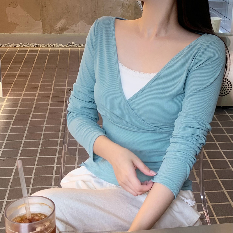 甜美少女温柔风气质优雅V领假两件上衣多巴胺修身显瘦打底衫长袖|undefined