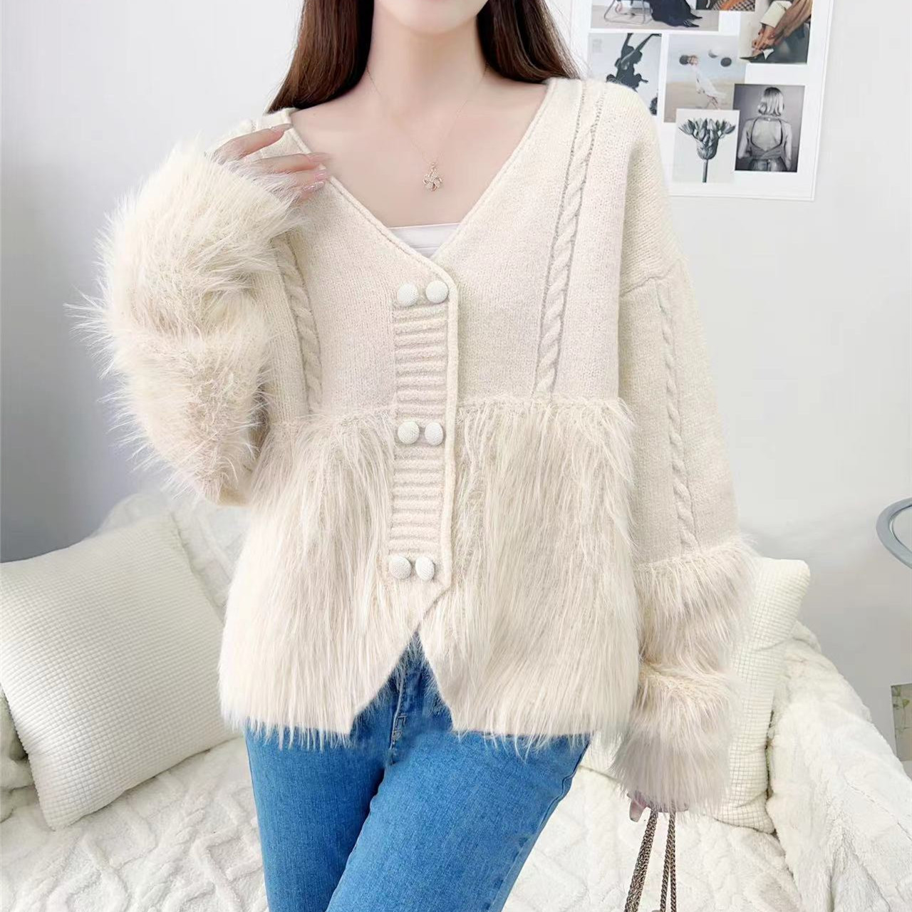 Suéter de punto de imitación visón nuevo para otoño/invierno, diseño trenzado y con diseños, cárdigan con botones simples y cuello en V, manga larga juvenil, abrigo image 8