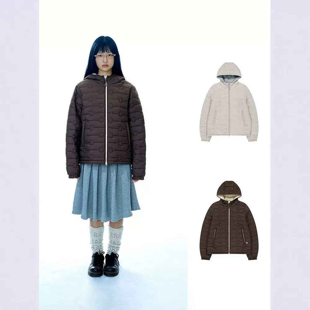 生C 星星缝线纯色夹棉轻薄绒服女2025冬保暖连帽排骨棉服coyse*o