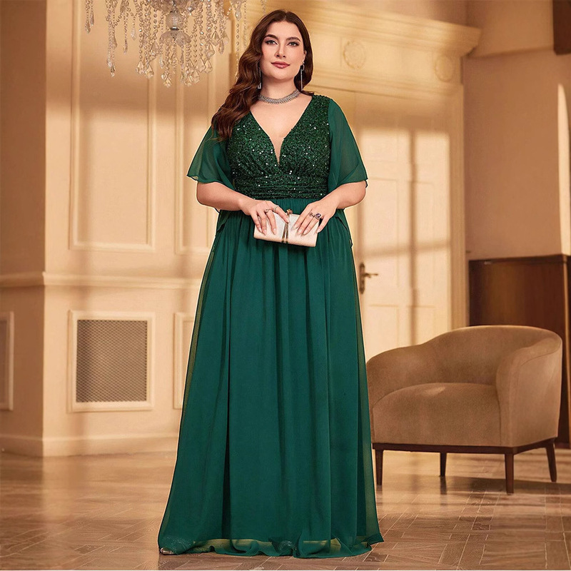 Cross-Border Plus Size New Evening Dress Elegant V-Neck Sequined Chiffon Slim Fit Long Banquet Dress Long Skirt for Women