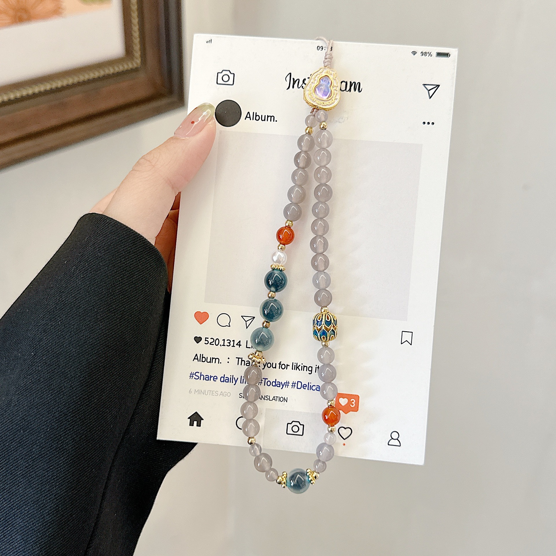 Cadena de teléfono móvil de alta gama hecha a mano boutique, piedra de ágata natural cloisonné, cordón de teléfono móvil de moda, colgante de cadena corta