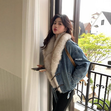 THE LIMON柠檬绿茶秋冬设计感重工拼接加绒大毛领保暖牛仔外套女