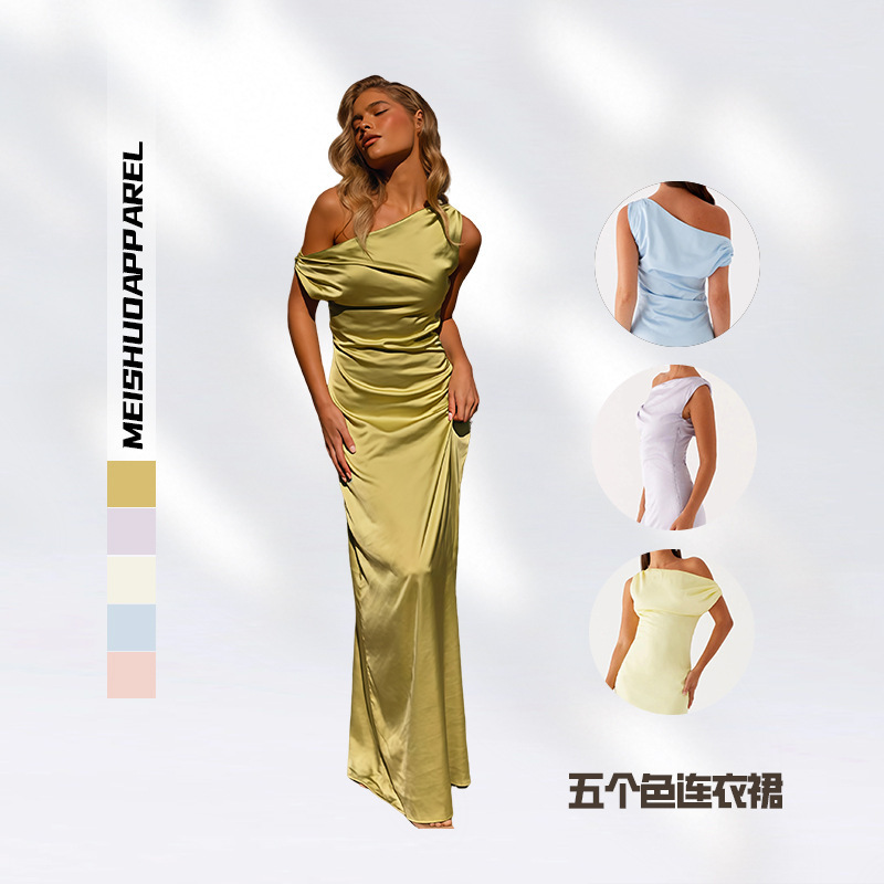 European and American Women's Summer Dress 2025 New Pure Color Sexy Asymmetric Off-Shoulder Neckline Pleated Long Dress
