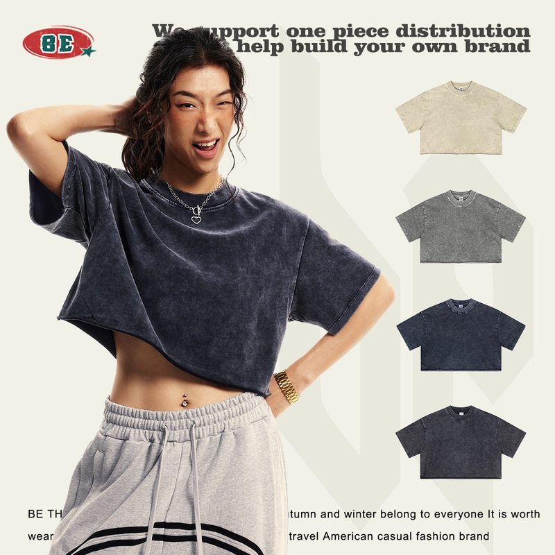 Be Women's Clothing | Summer New Style European and American Trendy Brand Short-Cut Distressed Washed Short-Sleeve Round-Neck Loose Crop Top T-Shirt for Women.
