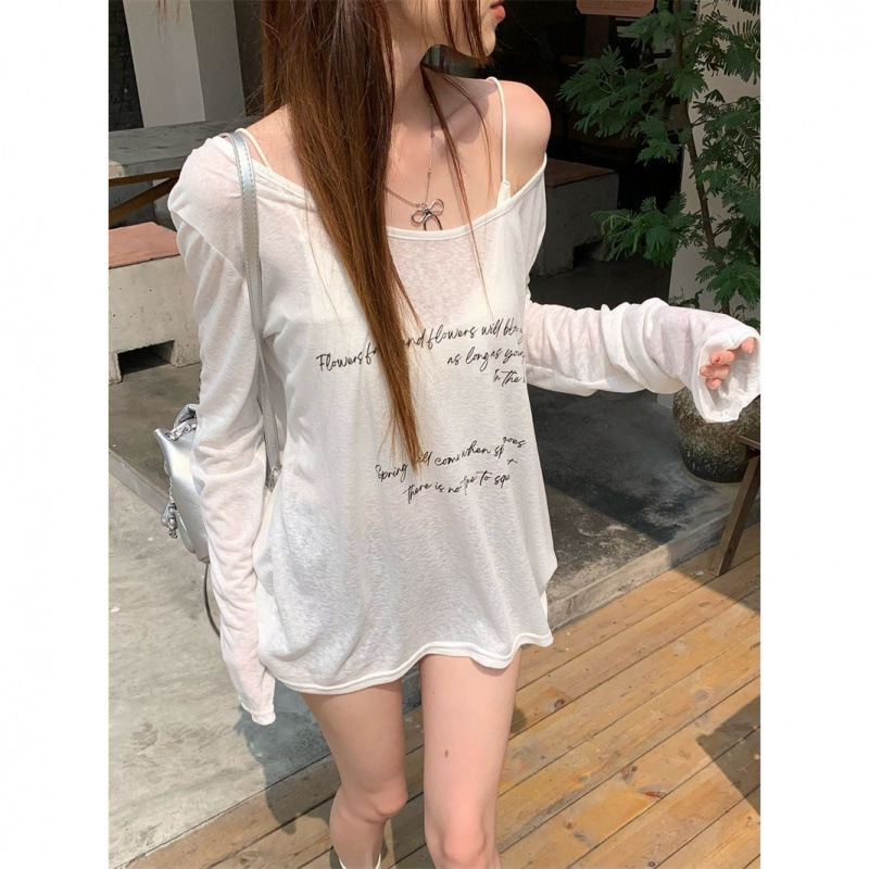 レイジースタイルレタープリントオフショルダー長袖Tシャツレディース春夏ゆったりカジュアル着痩せ万能薄手日焼け止めトップス|undefined