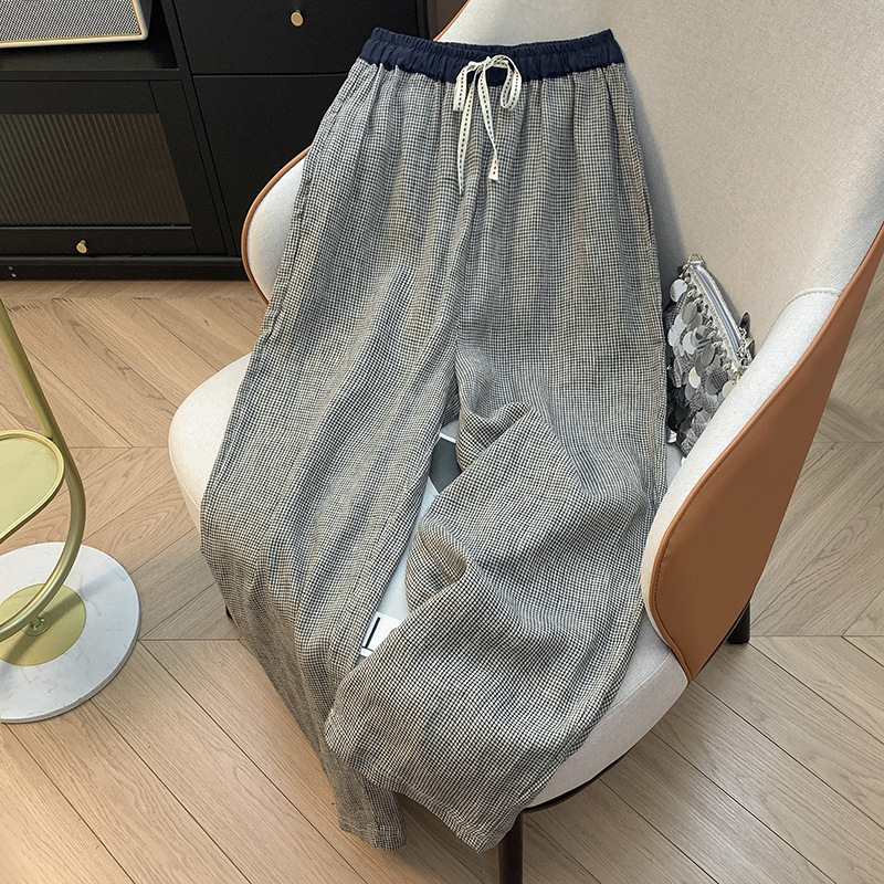 复古撞色拼接色织亚麻阔腿裤女夏季高腰抽绳格纹棉麻直筒休闲长裤|undefined