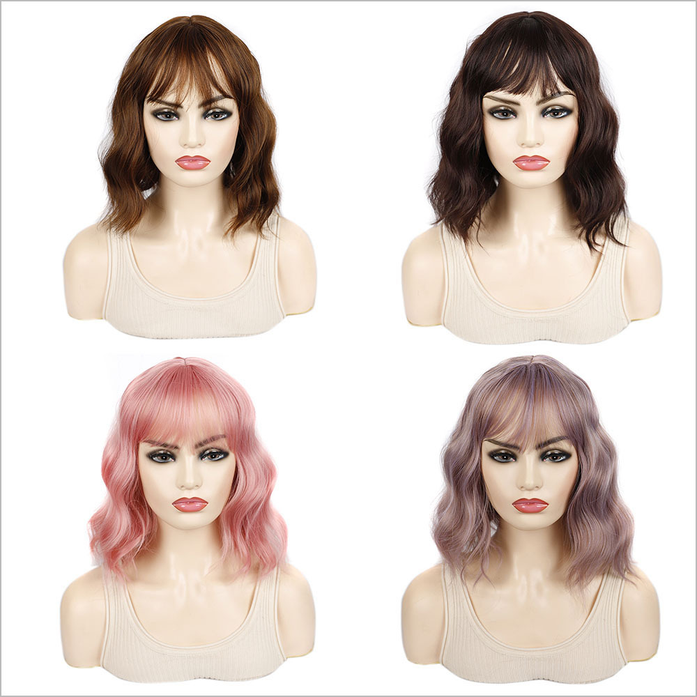 Parrucca sintetica Ondulazione dell'acqua capelli colorati stile quotidiano fascia soffice e sottile frangia fascia per parrucca riccia corta in fibra sintetica_voghion.com