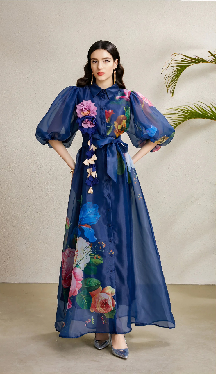 Đầm maxi nữ thắt eo phong cách Pháp tay phồng in hoa lưới — trắng, màu xanh đậm, mơ chi tiết 3