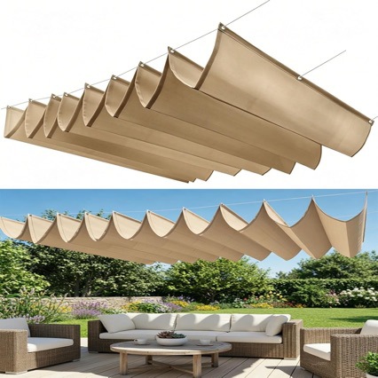 Outdoor retractable wave-shaped canopy, rainproof fabric tent for courtyard and balcony, foldable rain shelter