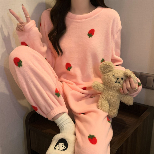 Coral Fleece Women's Winter Cute Strawberry Padded Thick Warm Plush Lined Pajama Set  New Homecoming Suit