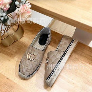 Double g Metal Letter Straw Hemp Rope Thick-Soled Fisherman's Shoes Goatskin Non-Slip Casual Flats Bottom Trbottomyy Fashionable and Comfortable for Women