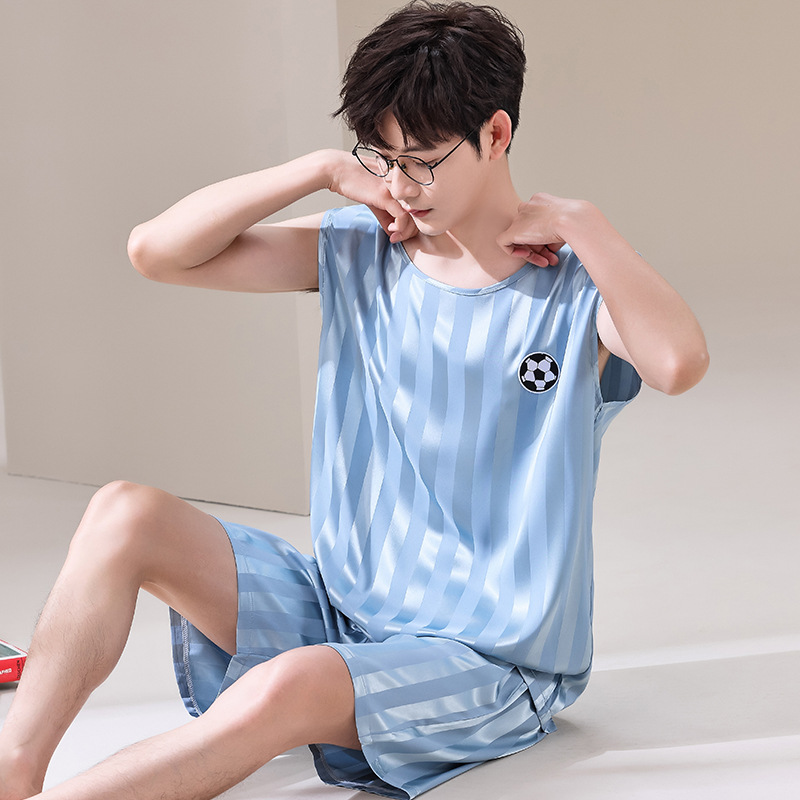 여름 남자 아이스 실크 민소매 조끼 한국 캐주얼 느슨한 10 대 쿨 센스 반바지 겉옷 세트