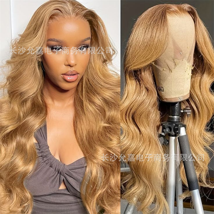 Golden-brown synthetic fiber 13X4 front lace wig for black people, new European and American product, heat-resistant high-definition lace, high-temperature fiber