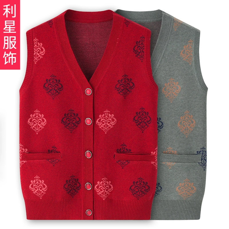 Весенне-осенне-зимняя одежда для пожилых людей Женский жилет Бабушка носит зажим на пояс Вязаный кардиган старой леди Свитер-жилет для матери