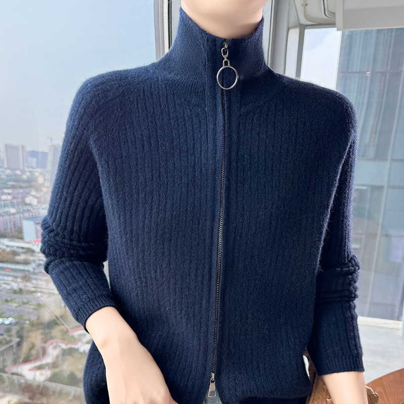 2025 New Autumn and Winter Pure Wool Half Turtleneck Knitted Cardigan Long-Sleeved Double Zipper Pure Color Striped Top Jacket