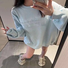 奶蓝糯叽叽浮雕字母logo宽松廓形卫衣圆领毛衣中长男女同款加厚