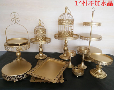 Decoración de mesa de postres de boda de oro, estante de pastel europeo, propósitos de boda, bandeja de pastel de encaje, estante de refrigerio de hierro forjado, 12 juegos