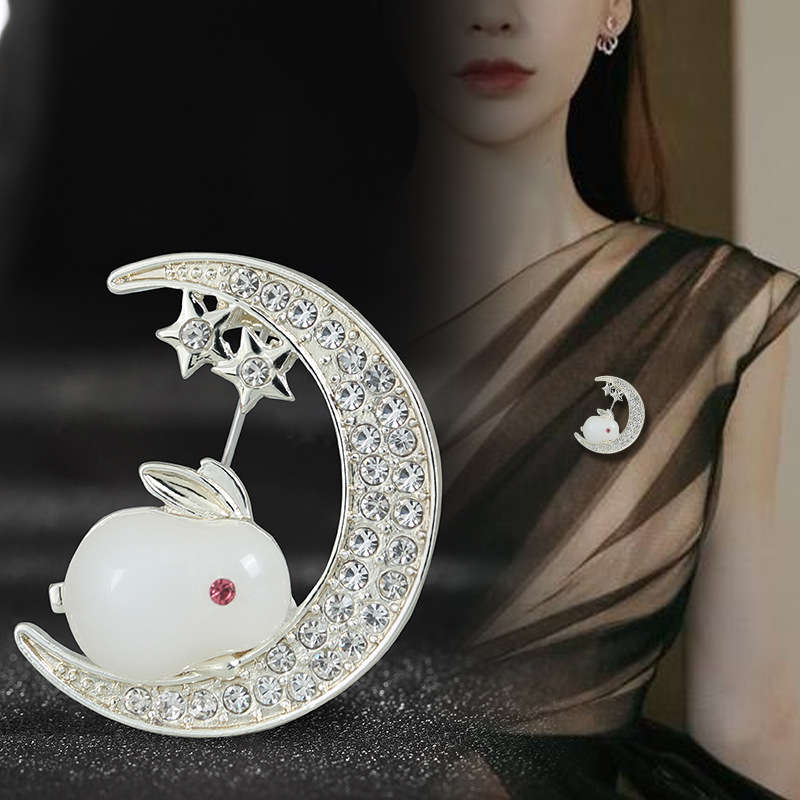 Brooch women moon rabbit brooch wholesale high end anti exposure pin buckle suit fixed clothing accessories collar pin_voghion.com