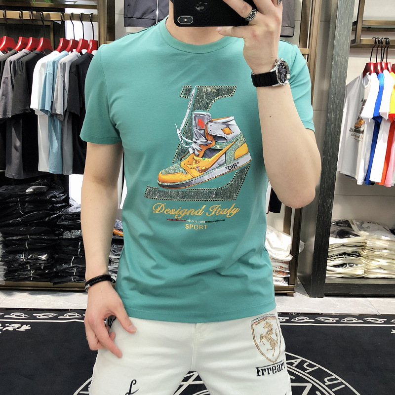 Sommer Neue Herrenmode Marke Schuhe Drucken Heißer Diamant Brief Slim Fit Baumwolle Trendy Kurzarm T-shirt_voghion.com