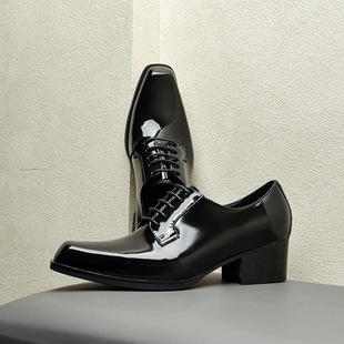 A generation of original design European and American high-heeled square toe leather shoes men's bright face cowhide increased Derby shoes leather breathable
