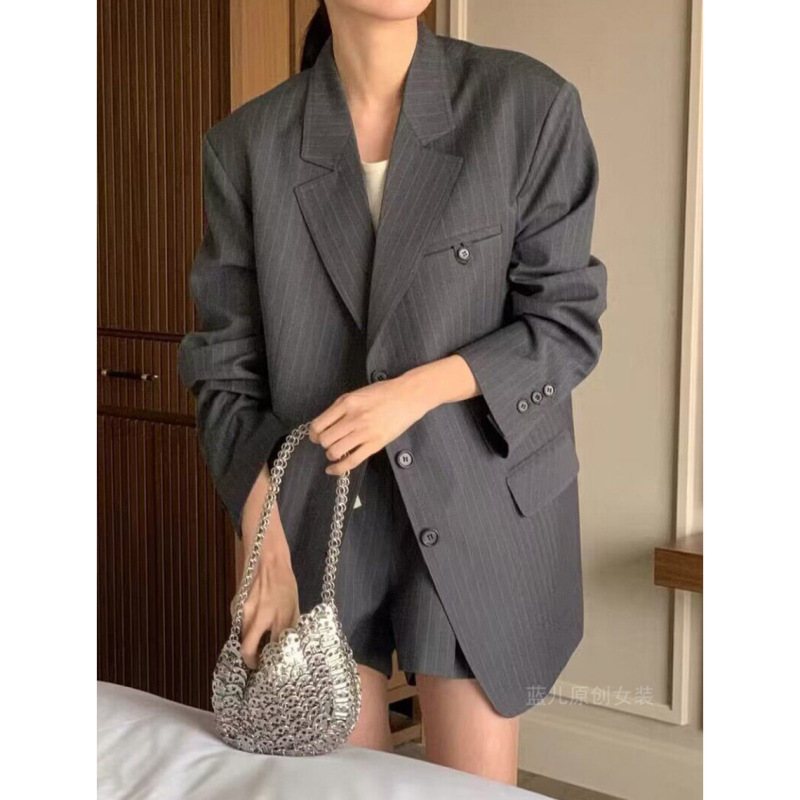 复古灰色条纹西装外套女2025春秋新款韩版宽松休闲廓形小个子西服|undefined