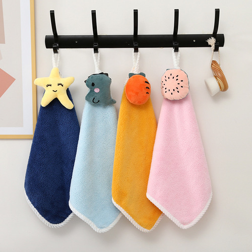 Children's hand towel, cute cartoon hanging towel, coral velvet small square towel, absorbs water and does not shed hair, kindergarten home cake box