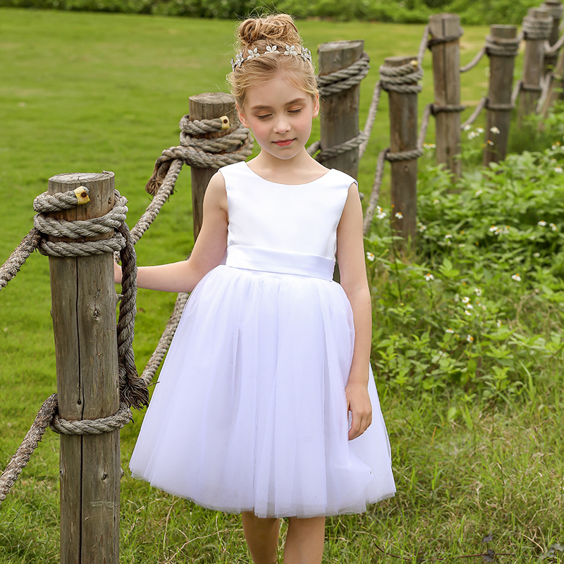 Nuevo europeo y americano transfronterizo vestido de novia de los niños sin mangas de satén arco de cumpleaños de las mujeres rendimiento mullido vestido midi