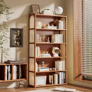 Woven Rattan Bookshelf Floor-Standing Storage Rack Integrated Wall-Mounted Living Room Home Storage Book Storage Cabinet Multi-Layer Simple Bookcase