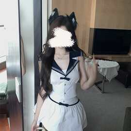 A3I学院风甜辣穿搭女撞色海军领修身短款无袖衬衫高腰A字短裙两件