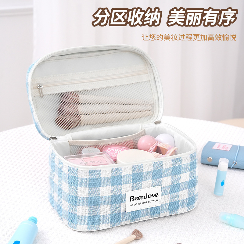 新しいチェック柄の大容量化粧品収納袋インスタイルの見栄えの良いトイレタリーバッグポータブル手持ち化粧品バッグ|undefined