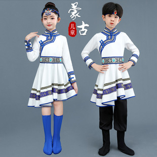 Mongolian Ethnic Dance Performance Costumes for Children, Boys and Girls, Mongolian Chopstick Dance, White Horse Ethnic Clothing for Winter