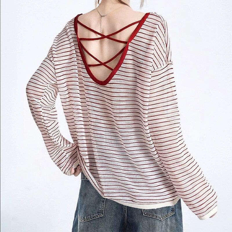Plus-Size Red Backless Striped Long-Sleeve Sun-Protective Cover-Up T-Shirt for Women, New Summer Dopamine Style with Hollow Back Design