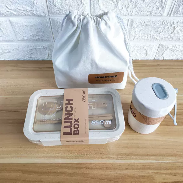 HT8613-850ML wheat single-layer lunch box + wheat round cup + rice bag (beige) 36 pieces/box