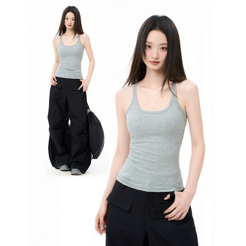 American-Style Spicy Girl Gray Camisole with Chest Pads for Women, Summer Outerwear or Inner Layer, 2026 New Model, Beautiful Back, Sleeveless Top