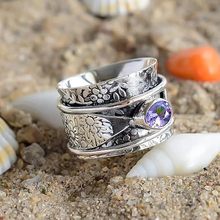 亚马逊新款饰品 欧美复古宽版紫水晶可转动解压女士花朵宝石戒指