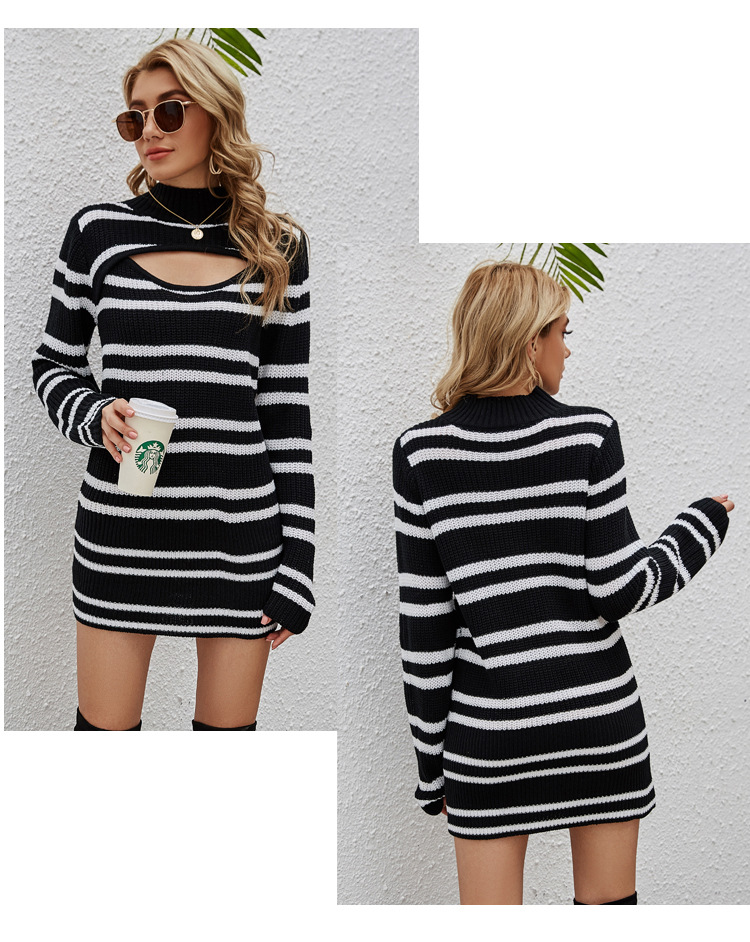 striped contrast color pullover sweater dressNSYH32092