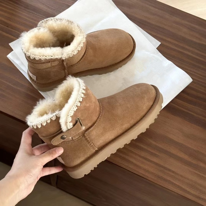 桑坡村女皮毛一体手工编织毛线铜扣皮带按扣短筒加绒加厚棉雪地靴|undefined