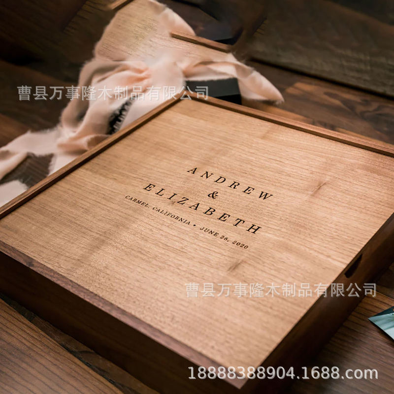 Personalized Large Square Wedding Memory Box Engraved Wooden Keepsake Storage Photo Frame with Slide Lid