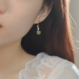 S925 silver light luxury national style hand-wound gold wire pearl and field jade earrings for women niche design high-end earrings