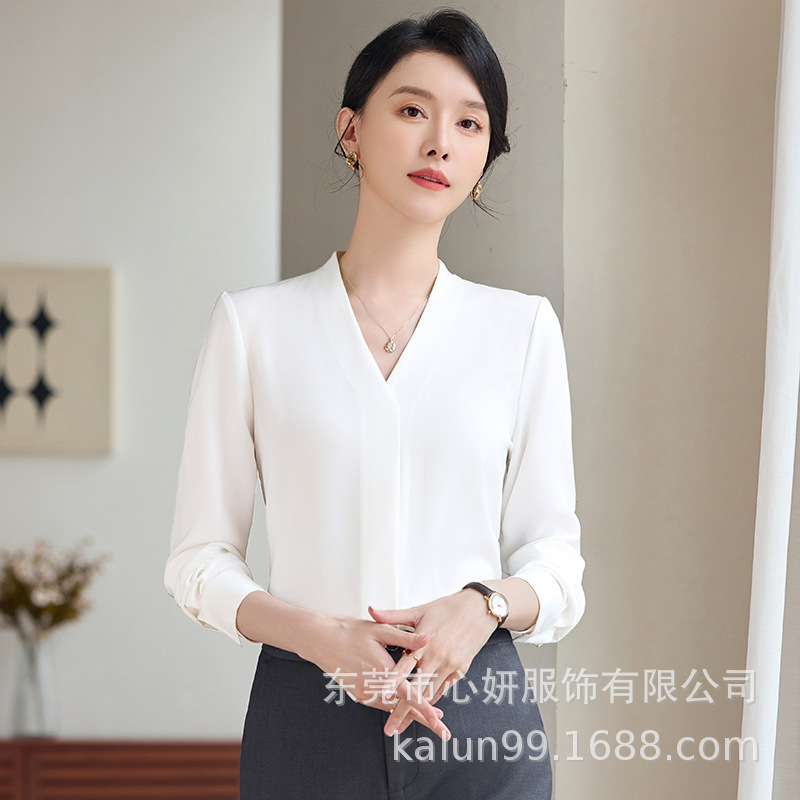 V-Neck Long-Sleeve White Shirt for Women, 2026 Spring Season, Formal Top for Wearing under a Suit, Sales Manager Shirt and Pants Set V-Neck Long-Sleeve White Shirt for Women, 2026 Spring Season, Formal Top for Wearing under a Suit, Sales Manager Shirt and Pants Set
