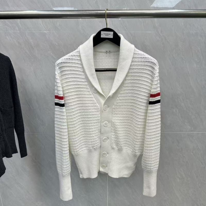 Factory Direct Sale Tb Women's Cardigan with Fruit Collar, Hollow-Out Double Sleeves, Red, White, and Blue Ribbons, V-Neck, Casual Versatile Knitwear